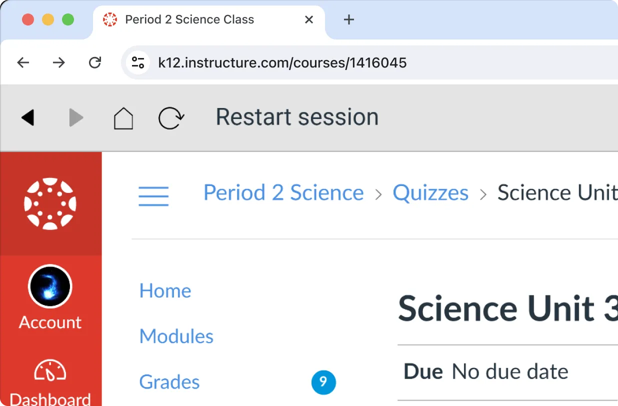 Canvas LMS kiosk app frame running inside a regular Chrome browser