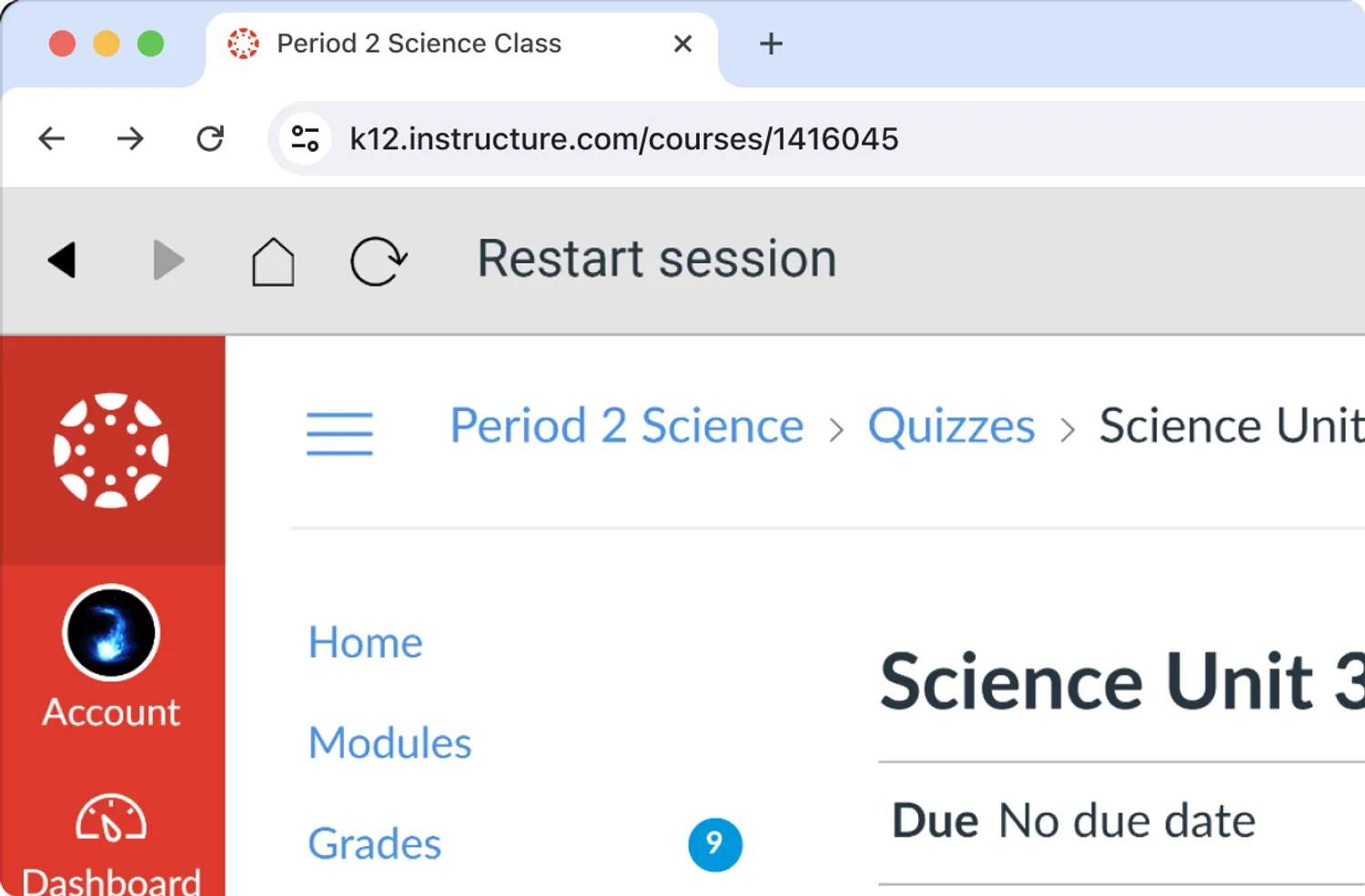 Canvas LMS kiosk app frame running inside a regular Chrome browser