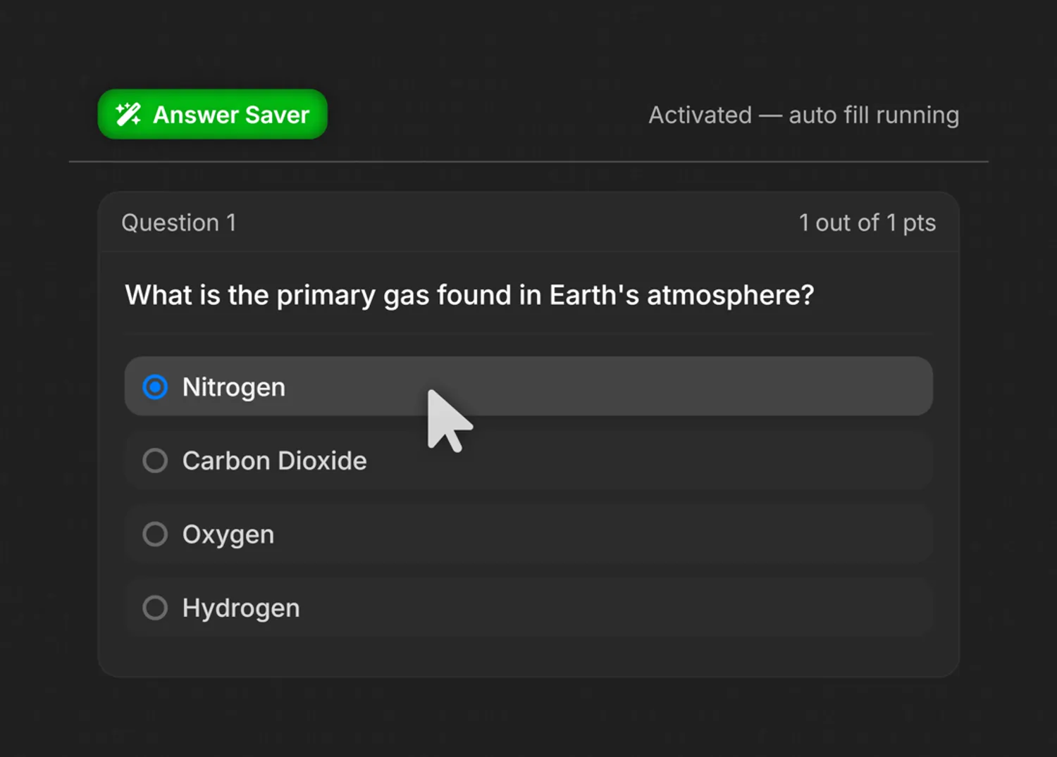 Canvas LMS quiz question with Answer Saver activated, auto-filling the top-scoring response