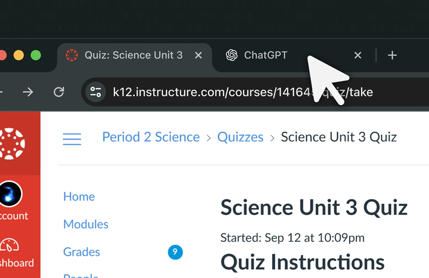 Browser with a Canvas LMS quiz tab and a second tab open, cursor switching freely between them